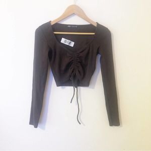 Zara Long Sleeve Ribbed Front Tie Crop Top Brown